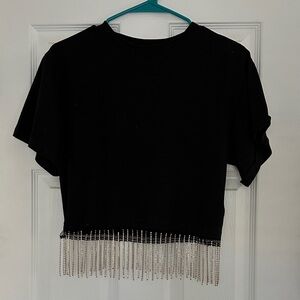 Cropped T-Shirt with Rhinestone Fringe